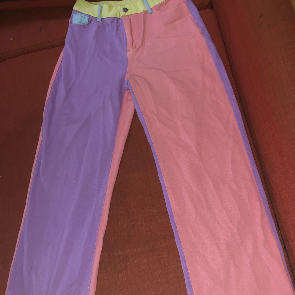 Straight leg jeans pink and purple with flowers on back pockets multi colored